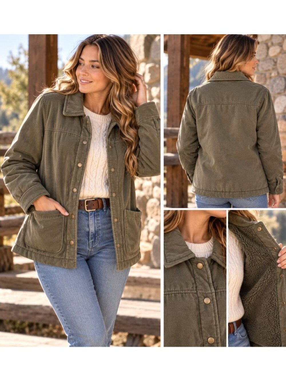 Boston Traders Womens Olive Green Faux Fur-Lined Jacket Size S